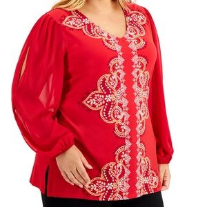 JM Collection Chiffon-Sleeve Printed-Front Top